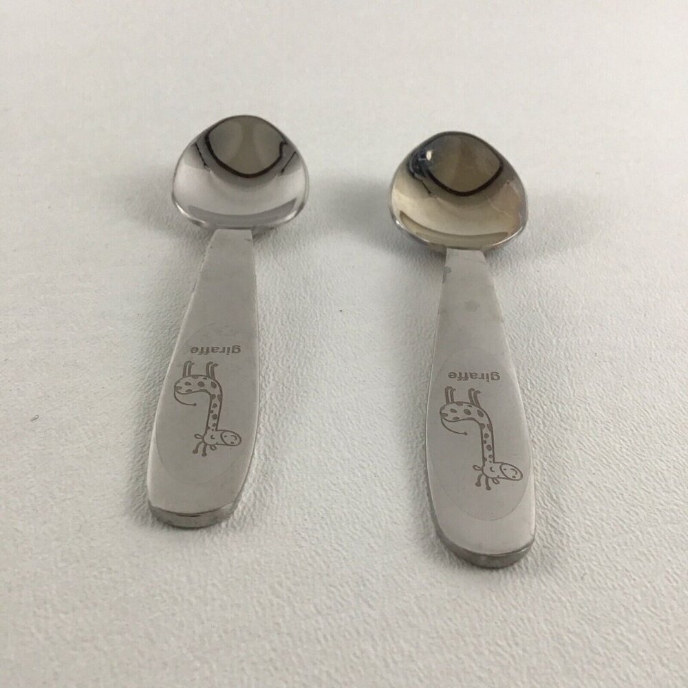 2 Baby Toddler Child Feeding Spoon Set Giraffe Silver Pair Lot - Picture 4 of 7